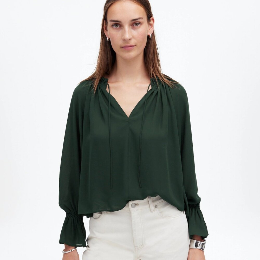 Madewell Long-Sleeve Tie-Neck Top in Luxury Forest Green